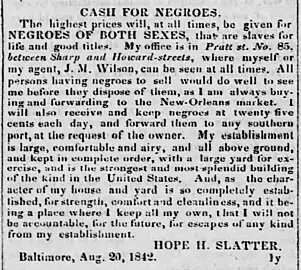 "CASH FOR NEGROES" Slatter ad mentioning Wilson, reprinted The Liberator, February 24, 1843