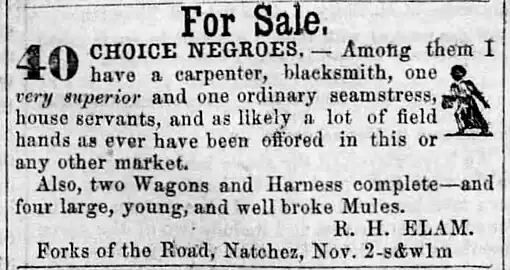 "For Sale—40 Choice Negroes", Natchez Daily Courier, December 14, 1849