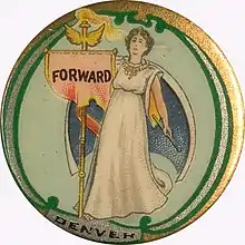 this pin was issued for the Forward Mining and Development Company of Denver. While it is suggestive of a suffrage image of a woman with banner or clarion, it is not a suffrage piece.