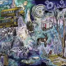 A dream-like animated scene showing school buses balancing on hills, helicopters flying overhead, various donkeys and horses and a tall tree among other things, emulating a fever dream.