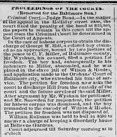 "Proceedings of the Courts" The Baltimore Sun, July 6, 1860