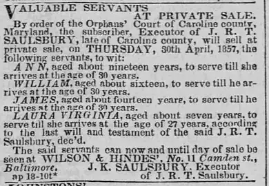 "Valuable servants at private sale" The Baltimore Sun, April 18, 1857