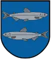 A coat of arms depicting a silver fish swimming to the right on the top and another fish swimming to the left on the bottom all on a blue background