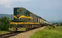 Železnice Srbije class 661 diesel locomotive, with an intermodal freight train from the Bulgarian border at Dimitrovgrad, on its way towards Niš.