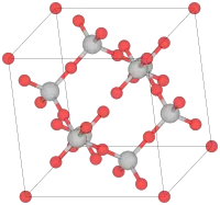 Unit cell of β-cristobalite; red spheres are oxygen atoms.