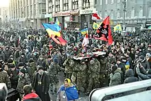 Large group of demonstrators, waving flags