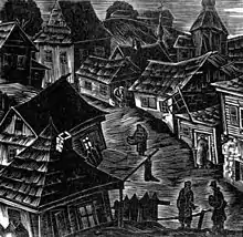 Wood engraving showing in black and white low houses along a central street with some characters.