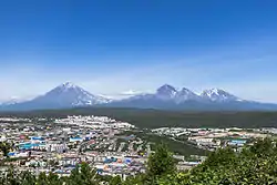 Aerial view of Petropavlovsk-Kamchatskywith the Koryaksky volcano at left