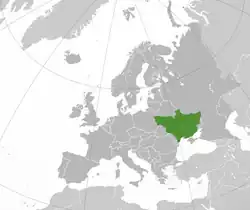 The Ukrainian People's Republic (green) in 1918 superimposed on modern borders