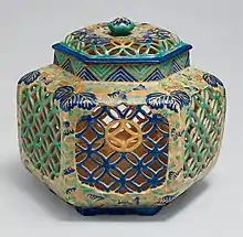 Ko-Kiyomizu (old Kiyomizu) lidded brazier (te-aburi) with paulownia and geometric design, Edo period, 18th century