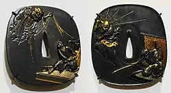 Two tsuba depicting Minamoto no Yorimitsu trying to cut a tsuchigumo with a tachi named 'Hizamaru'. made by Unnno Yoshimori I (left), Gochiku Sadakatsu (right). Museum of Fine Arts, Boston.