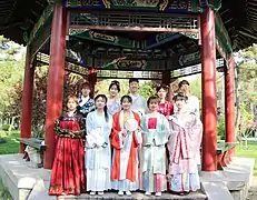 Some students wearing diverse forms of Hanfu during a spring outing.