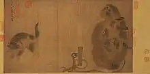 A faded, landscape-oriented fragment of a painting depicting a black and white cat and a monkey staring at each other and clinging to one another.