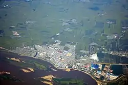 Aerial view of Suibin County and the Sungari (Songhua River), looking north. The county seat is just north of the river