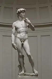 David; by Michelangelo; 1501–1504; marble; 517 cm × 199 cm; Galleria dell'Accademia (Florence)