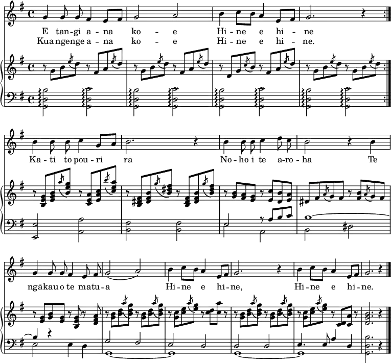 
\header { tagline = ##f }
\layout { indent = 0\cm
  \context { \Score \remove "Bar_number_engraver" }
  \context { \Voice \remove "Dynamic_engraver" }
}
global = { \key g \major \time 4/4 }

sopranoVoice = \relative c'' { \autoBeamOff
  \global
  \repeat volta 2 { g4 g8 g fis4 e8 [fis] | g2 a |
  b4 c8 [b] a4 e8 [fis] | g2. r4 | }
  b4 b8 b8 c4 g8 [a] | b2. r4 |
  b4 b8 b8 c4 d8 c | b2 r4 b4 |
  g4 g8 g fis4 e8 fis | g2 (a) |
  b4 c8 [b] a4 e8 [fis] | g2. r4
  b4 c8 [b] a4 e8 [fis] | g2. r4 \bar "|."
}

verse = \lyricmode {
  E tan -- gi a -- na ko -- e
  Hi -- ne e hi -- ne
  Kā -- ti tō pōu -- ri rā
  No -- ho i te a -- ro -- ha
  Te ngā -- kau o te ma -- tu -- a
  Hi -- ne e hi -- ne,
  Hi -- ne e hi -- ne.
}
verseR = \lyricmode {
  Kua nge -- nge a -- na ko -- e
  Hi -- ne e hi -- ne.
}

right = \relative c'' {
  \global
  \repeat volta 2 {r8 g\pp b \acciaccatura e d r fis, a \acciaccatura e' d | r8 g, b \acciaccatura e d r fis, a \acciaccatura e' d |
  r8 d, g \acciaccatura c b r fis a \acciaccatura e' d | r8 g, b \acciaccatura e d r g, b \acciaccatura e d | }
  r8 <g, e b> <b g e> \acciaccatura a' <g e b> r <a, e c> <c a e> \acciaccatura b' <a e c> |
  r8 <fis, dis b> <b fis dis> \acciaccatura g' <fis dis b> r <fis, dis b> <b fis dis> \acciaccatura g' <fis dis b> |
  r8 <b, g> <a fis> <g e> r <c e,> <b d,> <a e> | dis, fis \acciaccatura a g fis r <b fis> \acciaccatura a g fis |
  r8 <g e> <b g> < g e> r <g e b> r <a fis d> |
  r8 <b g> <d b> \acciaccatura a' <g d b> r <b, g> <d b> \acciaccatura a' <g d b> |
  r8 <c, g> <e c> \acciaccatura a <g e> r <d c> <a' c,> r |
  r <b, g> <d b> \acciaccatura a' <g d b> r <b, g> <d b> \acciaccatura a' <g d b>
  r <c, g> <e c> \acciaccatura a <g e> r <d, c> <a' c,> r8 | <b g d>2. r4 \bar "|."
}

left = \relative c' {
  \global
  \repeat volta 2 { \repeat unfold 4 { <b d, g,>2\arpeggio\pp <c d, g,>\arpeggio | } }
  <e, e,> <a a,> | <fis b,> <fis b,> | << { e r8 a b c | b1~ | b4 r } \\ { e,2 a, | b dis |e } >> e4 d |
  << { g2 fis | e d | d d | e4. e8 a4 d, | } \\ { g,1~ | g1 | g1~ | g1 | } >> <b' d, g,>2. r4 \bar "|."
}

sopranoVoicePart = \new Staff \with {
  midiInstrument = "flute"
} { \sopranoVoice }
\addlyrics { \verse }
\addlyrics { \verseR }

pianoPart = \new PianoStaff <<
  \new Staff = "right" \with {
    midiInstrument = "celesta"
  } \right
  \new Staff = "left" \with {
    midiInstrument = "celesta"
  } { \clef bass \left }
>>

\score {
  <<
    \sopranoVoicePart
    \pianoPart
  >>
  \layout { }
}
\score { \unfoldRepeats { << \sopranoVoicePart \\ \pianoPart >> }
  \midi { \tempo 4=66 }
}
