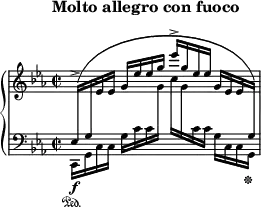 
\new PianoStaff <<
\new Staff = "Up" \with { \magnifyStaff #3/4 } <<
\new Voice \relative c' {
\clef treble
\key c \minor
\override Score.MetronomeMark.Y-offset = #10
\tempo "Molto allegro con fuoco"
\set Score.tempoHideNote = ##t \tempo 2 = 80

\time 2/2
\stemUp
\change Staff = "Down"
ees,16^> \f ^([g
\change Staff = "Up"
ees' ees] g ees' ees g ees'^> [g, ees ees] g, ees ees
\change Staff = "Down"
g,)
}
>>
\new Staff = "Down" \with { \magnifyStaff #3/4 } <<
\new Voice \relative c{
\clef bass
\key c \minor
\stemDown
c,16 \sustainOn [g' c c] g' c c
\change Staff = "Up"
g' c [g
\change Staff = "Down" c, c] g c, c g \sustainOff
}
>>
>>
