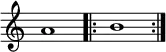  {
\override Score.TimeSignature #'stencil = ##f
{
    \relative c'' {
        \time 4/4
        a1
        \repeat volta 2 { b1 }
    }
} }
