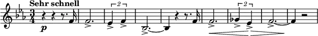 
{ \new PianoStaff <<
\new Staff \relative f' { \set Staff.midiInstrument = #"french horn" \key es \major \clef treble \time 3/4 \set Score.tempoHideNote = ##t \tempo "Sehr schnell" 4 = 195
  r4 \p r4 r8. f16 | % 2
  f2. -> | % 3
  \times 3/2  {
    es4 -> f4 ->
  }
  | % 4
  bes,2. ~ -> | % 5
  bes4 r4 r8. f'16 | % 6
  f2. \< -> | % 7
  \times 3/2  {
    ges4 -> es4 \! \> ->
  }
  | % 8
  f2. ~ -> | % 9
  f4 \! r2
  }
>> }
