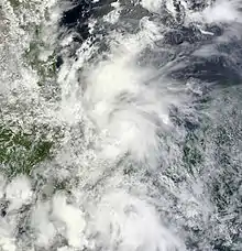 A visible satellite image of a tropical depression nearing tropical storm intensity in the Bay of Campeche.