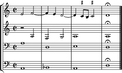 
    { 
#(set-global-staff-size 18)
<< \new StaffGroup <<
        \new Staff <<
            \clef treble \time 2/2
            \relative c' {
                \clef treble \time 2/2
                e2 f2~ f4 e d2~ d4 \once \set suggestAccidentals = ##t cis8 b \once \set suggestAccidentals = ##t cis!2 d1\fermata
                }
            >>
        \new Staff <<
            \clef treble \time 2/2
            \new Voice \relative c' {
                r2 a f g a1 a1\fermata
                }
            >>
        \new Staff <<
            \clef bass \time 2/2
            \new Voice \relative c' {
                a1 d, e d\fermata
                }
            >>
        \new Staff <<
            \clef bass \time 2/2
            \new Voice \relative c {
                a1 bes a d\fermata \bar "|."
                }
            >>
    >>
>> }
