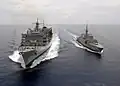 RSS Steadfast comes alongside the fast combat support ship USNS Rainer during a simulated refueling at sea on 15 April 2008.