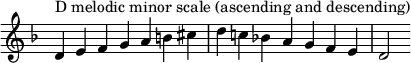  {
\omit Score.TimeSignature \relative c' {
  \key d \minor \time 7/4 d^"D melodic minor scale (ascending and descending)" e f g a b cis d c! bes! a g f e d2
} }
