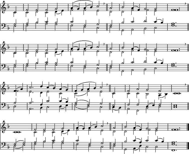 
<< <<
\new Staff { \clef treble \time 4/2 \partial 2 \key f \major \set Staff.midiInstrument = "church organ" \omit Staff.TimeSignature \set Score.tempoHideNote = ##t \override Score.BarNumber  #'transparent = ##t
  \relative c' 
  \repeat unfold 2 { << { c2 | f f f g | a4\(( g) a( bes)\) c2 \breathe \bar"||" a | bes a4( f) g2 g f1. \breathe \bar"||" \break } \\
  { c2 | c d c d4( e) | f2 f e d | d f f e | f1. } >> }
  \relative c' {
  << { f4( a) | c2. d4 c( bes) a( g) | f( g a bes) c2 \breathe \bar"||" c, | f a g f | c1 \breathe \bar"||" \break
  c1 | f2 f f g | a4( g) a( bes) c2 \breathe \bar"||" a | bes a4( f) g2 g | f1. \bar"|." } \\
  { f2 | e2. d4 e2 c | c( f) e c | c c bes a4( bes) | c1
  c1 | c2 d c d4( e) | f2 f e d | d f f e | f1. } >> }
}
%%\new Lyrics \lyricsmode { put lyrics here if you insist }
\new Staff { \clef bass \key f \major \set Staff.midiInstrument = "church organ" \omit Staff.TimeSignature
  \relative c'
  \repeat unfold 2 { << { g2 | a bes c bes | c f, g f | bes c d c4( bes) | a1. } \\
  { e2 | f bes a g | f d c d | g, a bes c | f1. } >> }
  \relative c' {
  << { a2 | a2. f4 c'2 c4( bes) | a2( f) g e | f f d4( e) f2 | e1
  f2( g) | a bes c bes | c f, g f | bes c4( a) c2 c4( bes) | a1. } \\
  { d,2 | a2. bes4 c2 d4( e) | f2( d) c c4( bes) | a2 f bes d | c1
  d2( e) | f bes a g | f d c d | g, a4( d) c2 c | <f f,>1. } >> }
}
>> >>
\layout { indent = #0 }
\midi { \tempo 2 = 80 }
