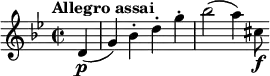 \relative c' { \key g \minor \time 2/2 \tempo "Allegro assai" \partial 4 d4\p(g) bes-. d-. g-. bes2(a4) cis,8\f }