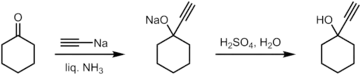 Synthesis of 1-ethynylcyclohexanol from cyclohexanone.