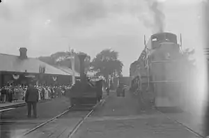 In celebration of the 100th anniversary of the first train in Canada, a replica of an old steam engine used by The Champlain & St. Lawrence Railway was brought into the Saint-Jean-sur-Richelieu railway station in 1936