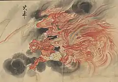 11 Kasha (火車) is a form of Japanese demon (oni) or monster (yōkai) that steals the corpses of those who performed evil acts during their lifetime. Kasha are often depicted as a feline demon, but this scroll depicts the kasha as a demon pulling a cart wreathed in flame. Kasha literally means "burning cart" or "fiery chariot". Kasha were depicted as a fiery chariot which took the dead away to hell, and were depicted as such in Buddhist paintings, such as rokudō-e. Kasha appeared in other Buddhist paintings of the era, notably jigoku-zōshi (Buddhist 'hellscapes', paintings depicting the horrors of hell), where they were depicted as flaming carts pulled by demons. Tales of the kasha were used by the Buddhist preachers to persuade believers to avoid sin.