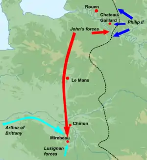 A map of France showing John's bold sweep towards Mirebeau with a red arrow.