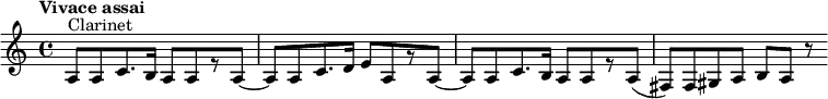 
\relative c'{  \set Staff.midiInstrument = #"clarinet"  \tempo "Vivace assai"  \clef treble a8[^"Clarinet" a8 c8. b16] a8[ a8 r8 a8]~ a8[ a8 c8. d16] e8[ a,8 r8 a8]~ a8[ a8 c8. b16] a8[ a8 r8 a8]( fis8[) fis8 gis8 a8] b8[ a8] r8}
