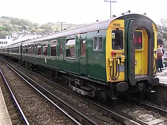 Class 411 4 CEP no. 1592, at Dover Priory on 27 April 2003, whilst forming a special excursion train around Kent and East Sussex. This unit was specially repainted into its original Green livery, to commemorate the retirement of the 4CEP fleet from service. This unit was withdrawn from traffic 2004, and has since been scrapped.