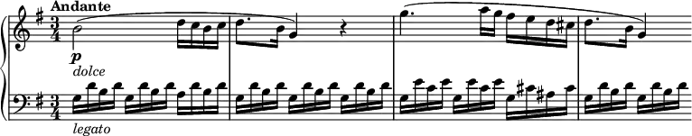  \relative c'' \new PianoStaff { <<
\new Staff { \key g \major \tempo "Andante" \time 3/4 b2\p_\markup { \italic dolce } ( d16 c b c d8. b16 g4 ) r4 g'4. ( a16 g fis e d cis d8. b16 g4 ) }
\new Staff \relative c' { \clef "bass" \key g \major g16_\markup { \italic legato } d' b d g, d' b d a d b d g, d' b d g, d' b d g, d' b d g, e' c e g, e' c e g, cis ais cis g d' b d g, d' b d }
>>
}
