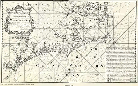 Historical map (1738) showing Albemarle and Bath counties