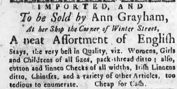 Ann Grayham, importer & retailer, 1767