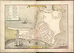 Hand-drawn plan with a special focus on the street-grid and fortifications. In the seas surrounding the city there are ships.