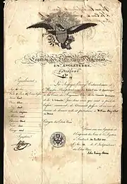 U.S. passport awarded by John Quincy Adams in London on July 24, 1815 for William Story to enter France