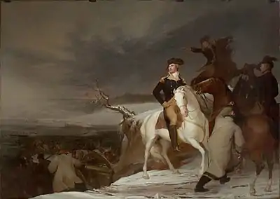 Color oil painting of George Washington on a horse commanding troops to cross a river in boats with artillery and other horses