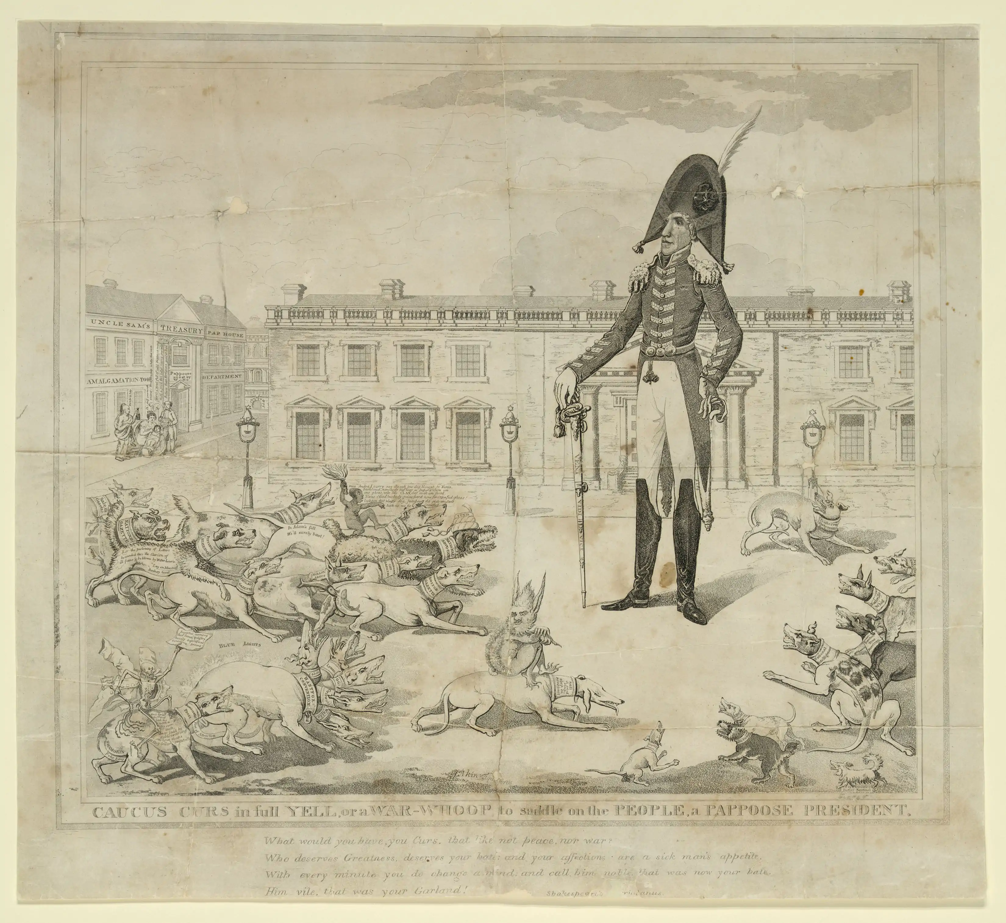 "Caucus curs in full yell," 1824; critique of "the press's treatment of Andrew Jackson, and on the practice of nominating candidates by caucus during the presidential race of 1824" (Library of Congress)