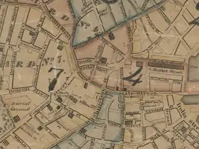 Detail of 1826 map of Boston, showing Market Street, near Brattle, Court, and Washington Streets, on the future site of Boston City Hall and City Hall Plaza in Government Center