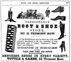 Advertisement for Tuttle & Oakes boots and shoes, 1848