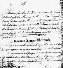 Announcement of death of Jeanne Wittouck (1781-1849), wife of Jean-Louis Van Dievoet (1777-1854).