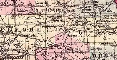 Alabama map shows the Montgomery and West Point Railroad.