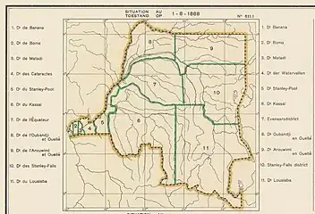 Districts of the Congo Free State in 1888. Kasai in southwest of main Congo Basin