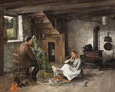 Interior of Harney's home - wife sitting on floor, 1890.