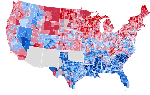 Results by county, shaded according to winning candidate's percentage of the vote