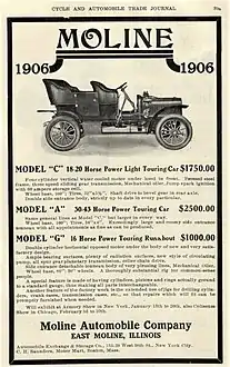 1906 Moline Models C Touring, Model A Touring and Model G Runabout